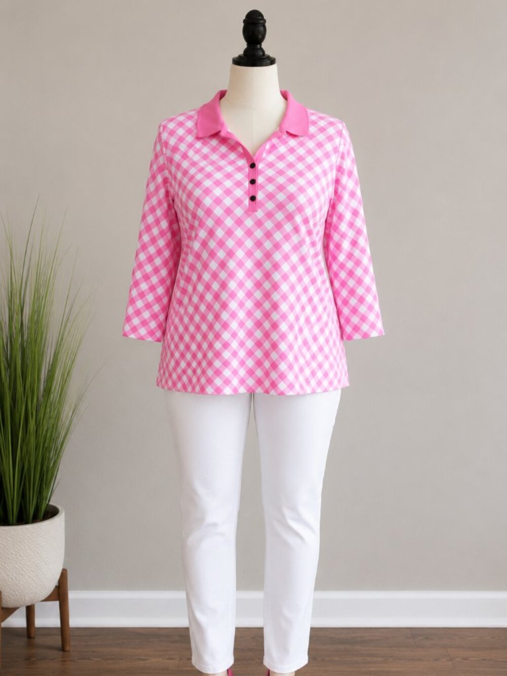 Perfectly Soft Pink Women's 100% Cotton Polo Top 3/4 Sleeve Collar Neckline